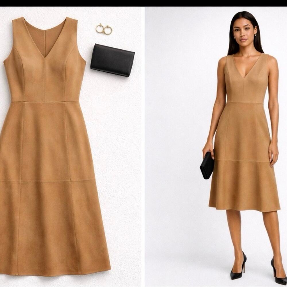 Antonio Melani Camel Faux Suede Sleeveless Midi Dress Belted Modern Minimalist M